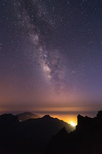 Scenic view of silhouette mountain against sky at night