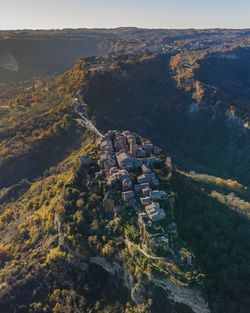 Aerial view of civita di bagnoreggio, a beautiful old town with badlands 