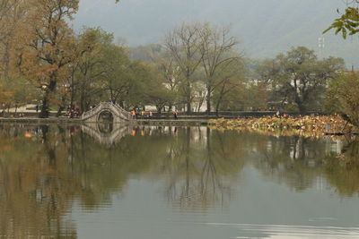 Reflection of trees in water against sky