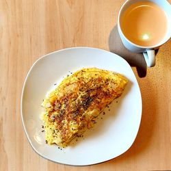 High angle view of breakfast served on table