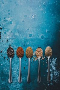 Directly above shot of spices on spoons at blue table