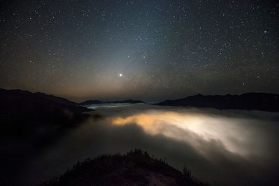 Scenic view of mountains against sky at night