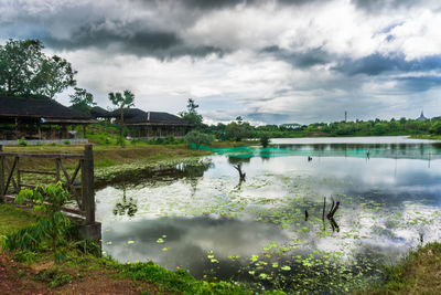 Reflection of clouds in lake against cloudy sky