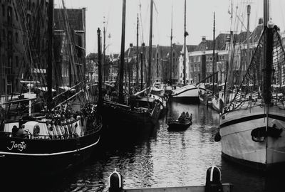 Boats moored in river