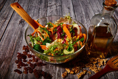 High angle view of food in bowl on table