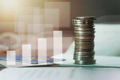 Close-up of coins on table