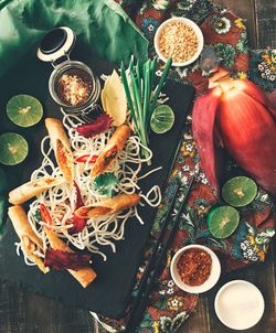 High angle view of meal served on table