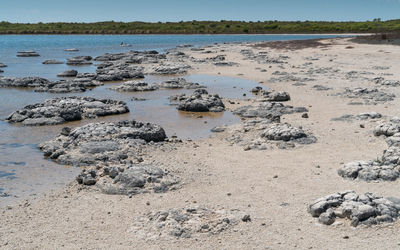 Rocks on beach against sky