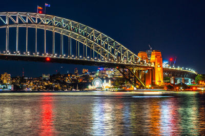 Illuminated bridge over river at night