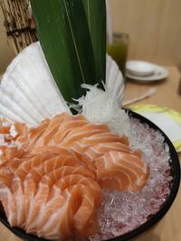 High angle view of fish in bowl on table