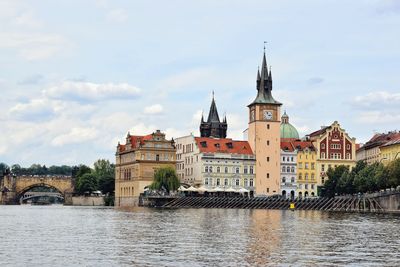 Buildings at waterfront against cloudy sky