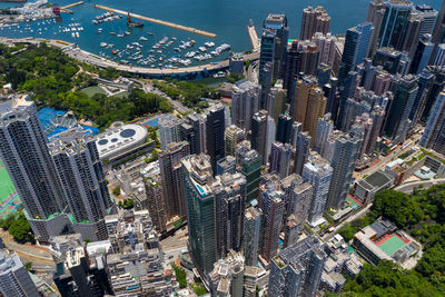 High angle view of modern buildings in city