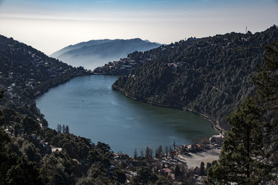 Scenic view of sea and mountains against sky