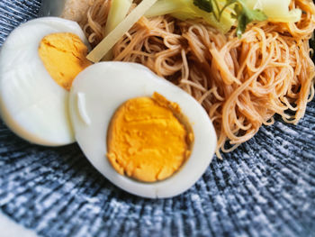 High angle view of noodles in bowl on table