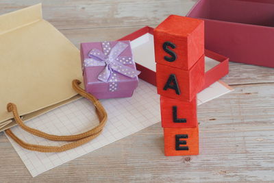 High angle view of toy blocks on table
