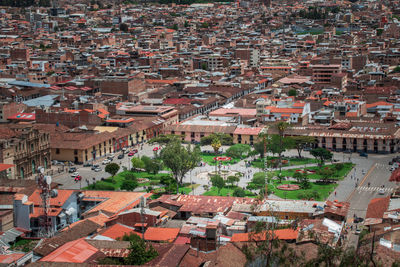 High angle view of buildings in city