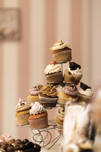 Bunch of assorted tasty cupcakes placed on metal holder on table in bakery