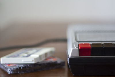 Close-up of musical equipment on table