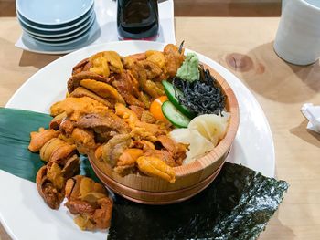 High angle view of food in plate on table