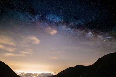 Scenic view of mountains against sky at night