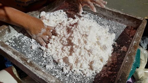 High angle view of man preparing food