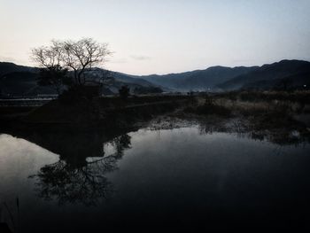 Calm lake with mountains in background