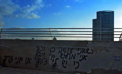 Low angle view of text on building against sky