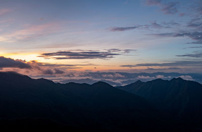 Scenic view of mountains against sky during sunset