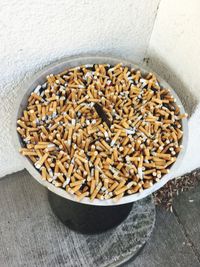 High angle view of eggs in bowl on table