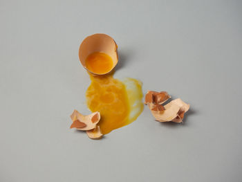 High angle view of yellow eggs against white background