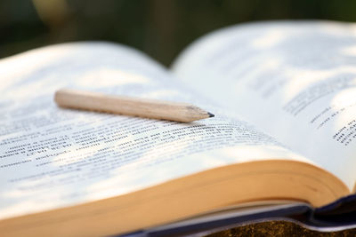 High angle view of book on table