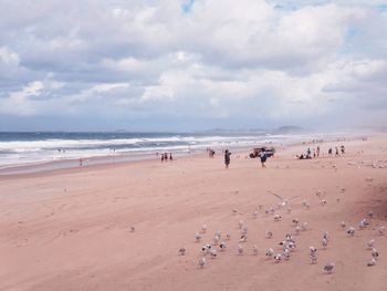 Scenic view of beach against cloudy sky