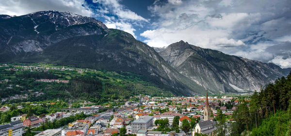 Panoramic shot of townscape against mountains