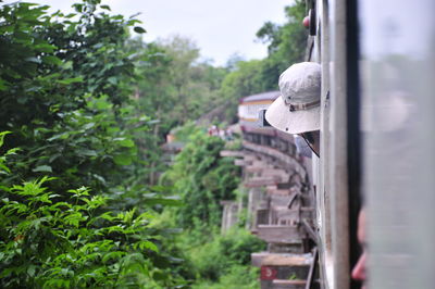 Close-up of car on built structure against trees