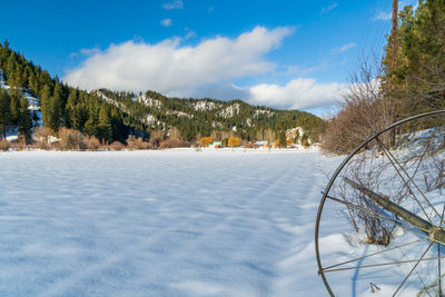 Snow covered land and trees against sky