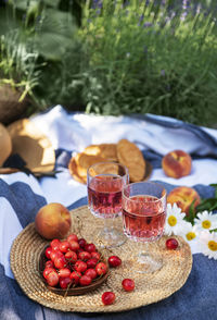 Picnic outdoors in lavender fields. rose wine in a glass, cherries and straw hat on blanket