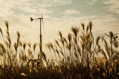 Windmill on field against cloudy sky