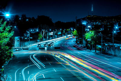 Light trails on road at night