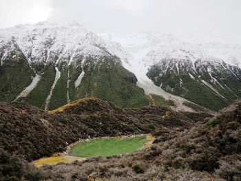 High angle view of lake against mt cook in winter