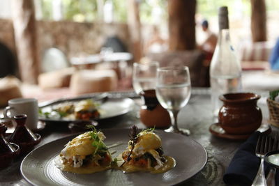 Close-up of food served on table