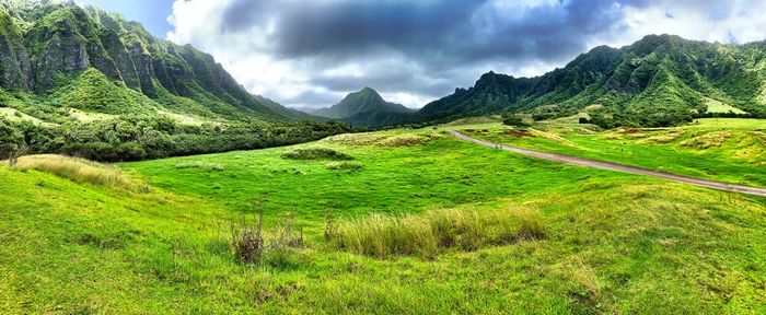Scenic view of landscape against sky oahu hawaii