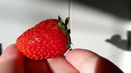 Close-up of hand holding strawberry