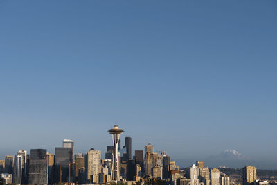 Buildings in city against clear sky