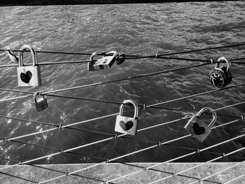 High angle view of fishing rod on rope