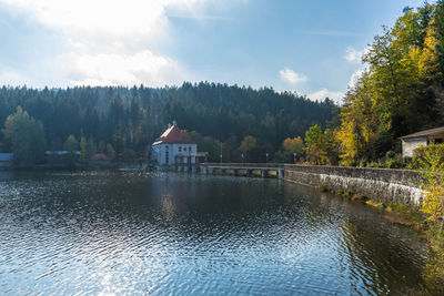 Scenic view of lake by trees against sky