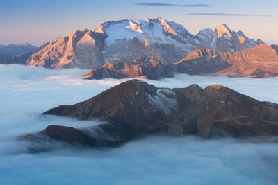 Scenic view of snowcapped mountains against sky during sunset