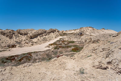 Scenic view of desert against clear blue sky