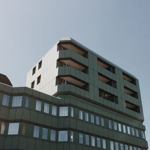 Low angle view of buildings against clear sky