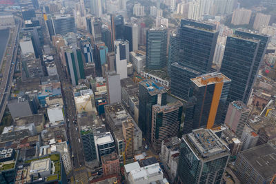 High angle view of modern buildings in city