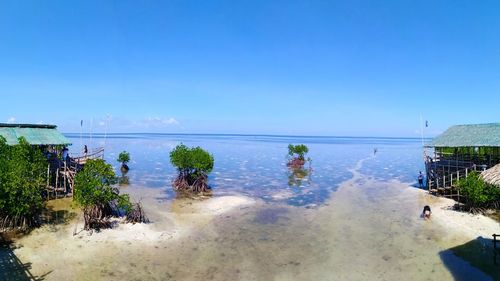 Scenic view of beach against clear blue sky